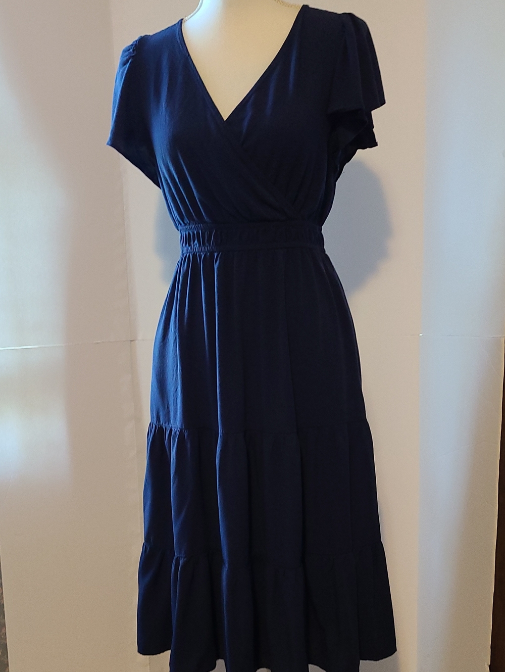 KNOX ROSE BLUE FLUTTER SHORT SLEEVE TIERED MIDI DRESS-BOHO BEACH FLOWY-SZ SMALL